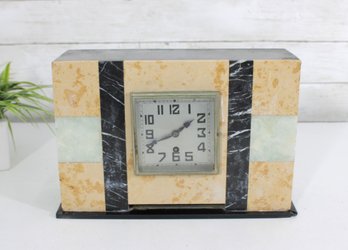 Vintage Art Deco Marble  Mantel Clock Black White Alabaster Style 12' Desk Shelf Clock