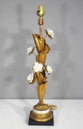 Vintage 31' Italian Gold Gilt Tole Table Lamp With Porcelain Flowers