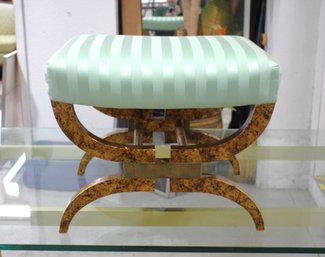 Burl Wood-Like X-Base Stool With Mint Green Upholstery
