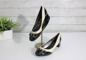 #67-Unisa Black & Ivory Patent Leather Pumps  Womens Size 8  Block Heel Dress Shoes