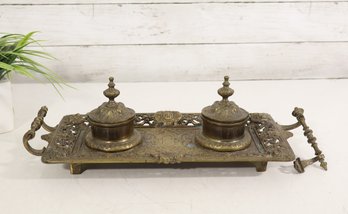 Vintage Ornate Brass-Tone Double Inkwell Desk Set – Marked 1985 B – 12.5"