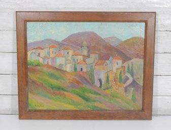 Signed Framed Landscape Painting Of Hillside Town 16.5' X 20.5'