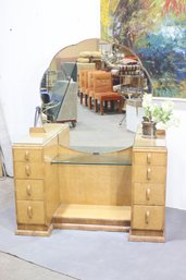 Vintage Art Deco Vanity With Round Mirror & Glass Top  Glamorous 1930s Design