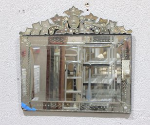 Vintage Venetian Style Etched Glass Wall Mirror  Decorative Crest Top 27'H X 28.5'W (As-Is)