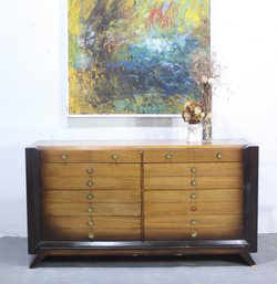 Vintage Mid-Century Modern 12-Drawer Dresser  Sleek Design With Brass Pulls-(1950s-60s)