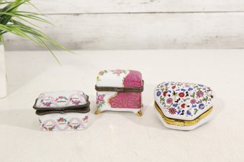 Lot Of 3 Decorative Porcelain Trinket Boxes – Floral Designs, Hinged Lids & Gold-Tone Trim