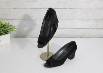 #69-Vintage Walter Steiger Black Suede Peep Toe Heels  Womens Size 7  Designer Block Heel Pumps