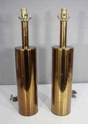 Pair Of 25' Vintage Brass Cylinder Table Lamps  Mid-Century Modern Minimalist
