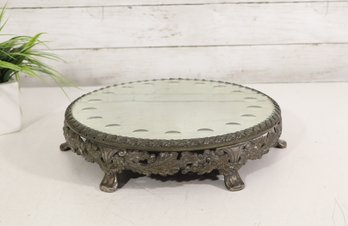 Ornate Silver-Tone Round Mirrored Vanity Tray / Display Stand With Decorative Feet – 12"