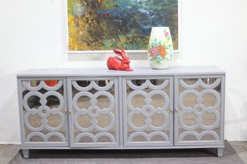 Drexel Heritage Mirrored Sideboard Buffet  Elegant Gray With Quatrefoil Design