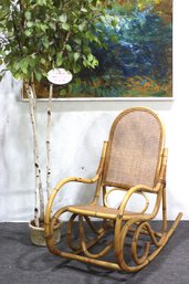 Vintage Rattan & Cane Rocking Chair  Boho Coastal Mid-Century