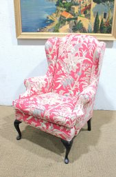 Pink Tropical Upholstered Wingback Accent Chair W/ Queen Anne Style Legs  44'H