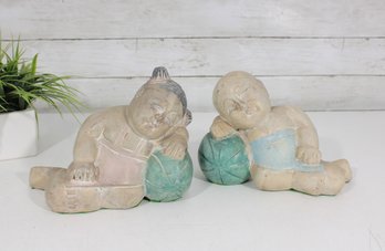 Asian Style Child Figure Sculptures On Ball Group Lot 7'H