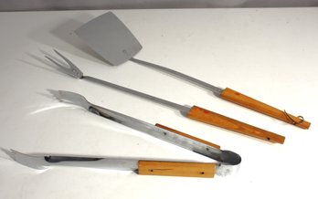 'Set Of 4 Vintage BBQ Grilling Tools With Wooden Handles - Fork, Spatula, Tongs'