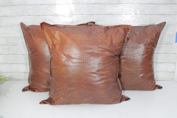 Set Of 3 ECHO Faux Leather Euro Throw Pillows  Brown Croc Embossed  25' X 25'
