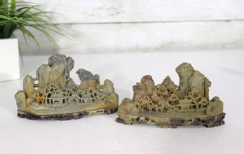 Hand-Carved Stone Chinese Landscape Scenes  Pair Of Detailed Village Carvings  4' X 6'