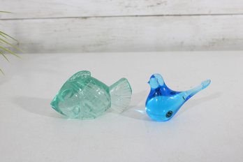 Vintage Art Glass Bird & Fish Figurine Lot Blue Green Miniatures Paperweight Style 2.5