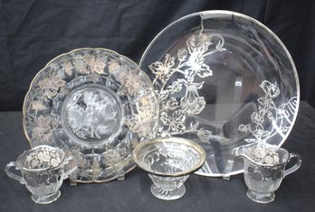 Silver Overlay Glass Serving Set With Floral Motifs