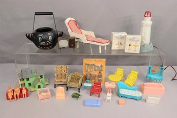 Group Lot Of Doll Furniture And Light House Lamp
