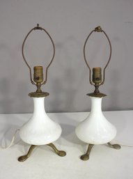 Pair Of 19' Vintage Milk Glass Table Lamps With Brass Tripod Base  Tested & Working