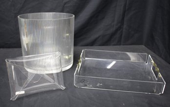 Contemporary Lucite Decor Collection: Cylinder Wastebasket , Tray, And Display Stand