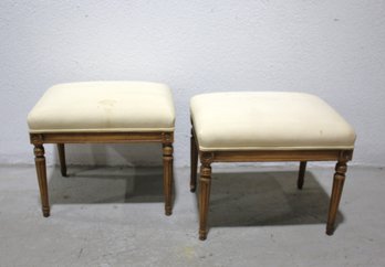 Pair Of Vintage Upholstered Stools With Carved Wooden Legs