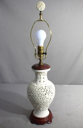 Elegant Blanc De Chine Table Lamp With Wood Accents