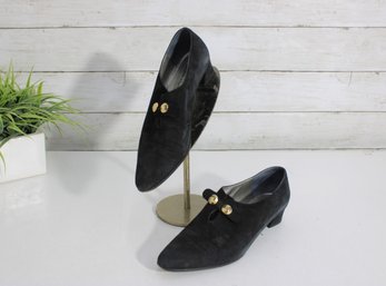 #77-Vintage Black Suede Loafer Heels  Womens Size 6B  Low Block Heel Shoes With Gold Button Detail