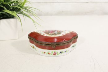 Vintage Porcelain Trinket Box With Romantic Figural Scene, Red & Gold Floral Design – 6.5"