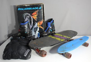 'Rollerblade Skates & Vintage Skateboards Set With Protective Gear'