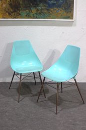 Pair Of Vintage Mid-Century Modern Molded Plastic Chairs  Aqua Blue With Metal Legs