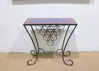 Wrought Iron Console Table W/ Blue Tile Top  29'H X 30'W X 13.5'D  Decorative Scroll Base