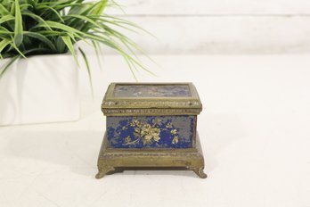 Vintage Blue & Gold Floral Decorative Trinket Jewelry Box With Metal Trim & Wood Interior – 4"