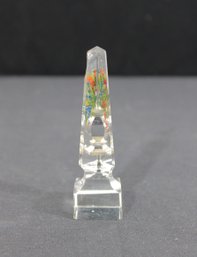 Vintage Glass Obelisk Paperweight Encased Floral Design Mid-Century 4'