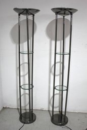 Pair Of Modern Chrome Floor Lamps With Glass Shelves