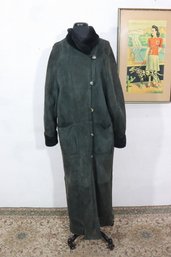 Vintage Womens Genuine Shearling Long Coat  Size M  Deluxe Sheepskin NY  Dark Green Suede W/ Fur Lining