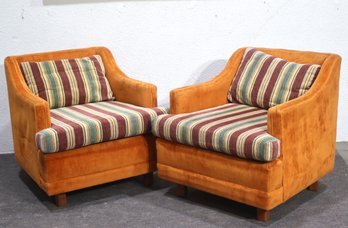 Pair Of Vintage Horizons Inc. Lounge Chairs  Mid-Century Modern Velvet & Striped Cushions