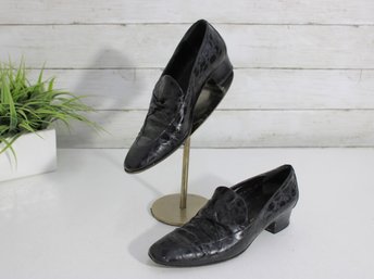 #80-Vintage Black Embossed Leather Loafers  Low Block Heel  Size Unknown