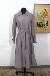 Vintage Foxland By Loden Womens Long Belted Coat  Size Small  Gray Suede Look Trench Style