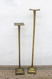 Pair Tall Brass Floor Candle Holders  Modern Pedestal Stands  40' & 32.5' H X 5' W
