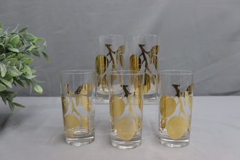 Set Of 5 Vintage Gold Plum Branch High Ball Glasses