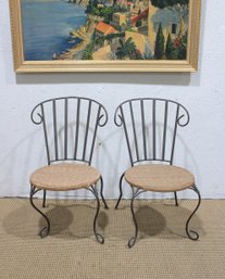 Pair Of Metal Bistro Chairs W/ Woven Seats  34.5'H X 18.5' Round  Scroll Back Design