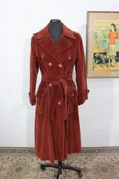 Vintage Rust Corduroy Double Breasted Belted Trench Coat  Size Small  Plaid Lining