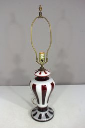 Vintage 26' Bohemian Glass Table Lamp  Red & White Striped Cased Glass