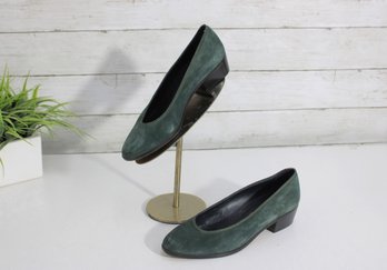 #83-Christine Green Suede Pumps  Low Block Heel  Size 6M