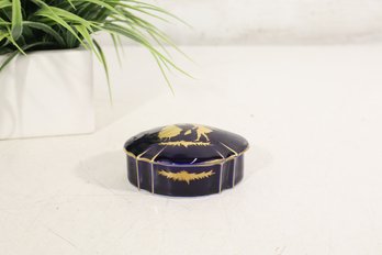 Vintage German Cobalt Blue Porcelain Trinket Box With Gold Silhouette Couple Design – Germany Import – 4"