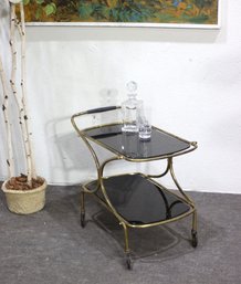 Vintage Mid-Century Brass & Black Glass Bar Cart  Rolling Drinks Trolley