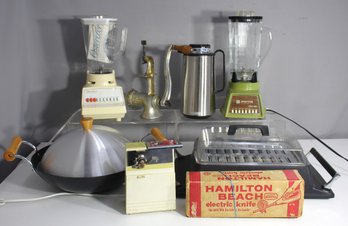 'Assorted Lot Of Vintage Kitchen Appliances & Gadgets - Blenders, Wok, Electric Knife, And More'