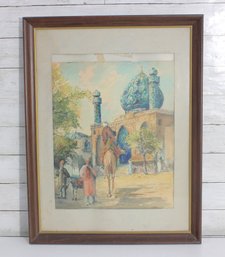 Framed Orientalist Street Scene Print  Signed  26'H X 20'W  Mosque & Camel
