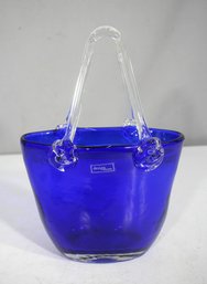 Stunning 10' X 7' Hand-Blown Cobalt Blue Art Glass Handbag Vase  Clear Handles